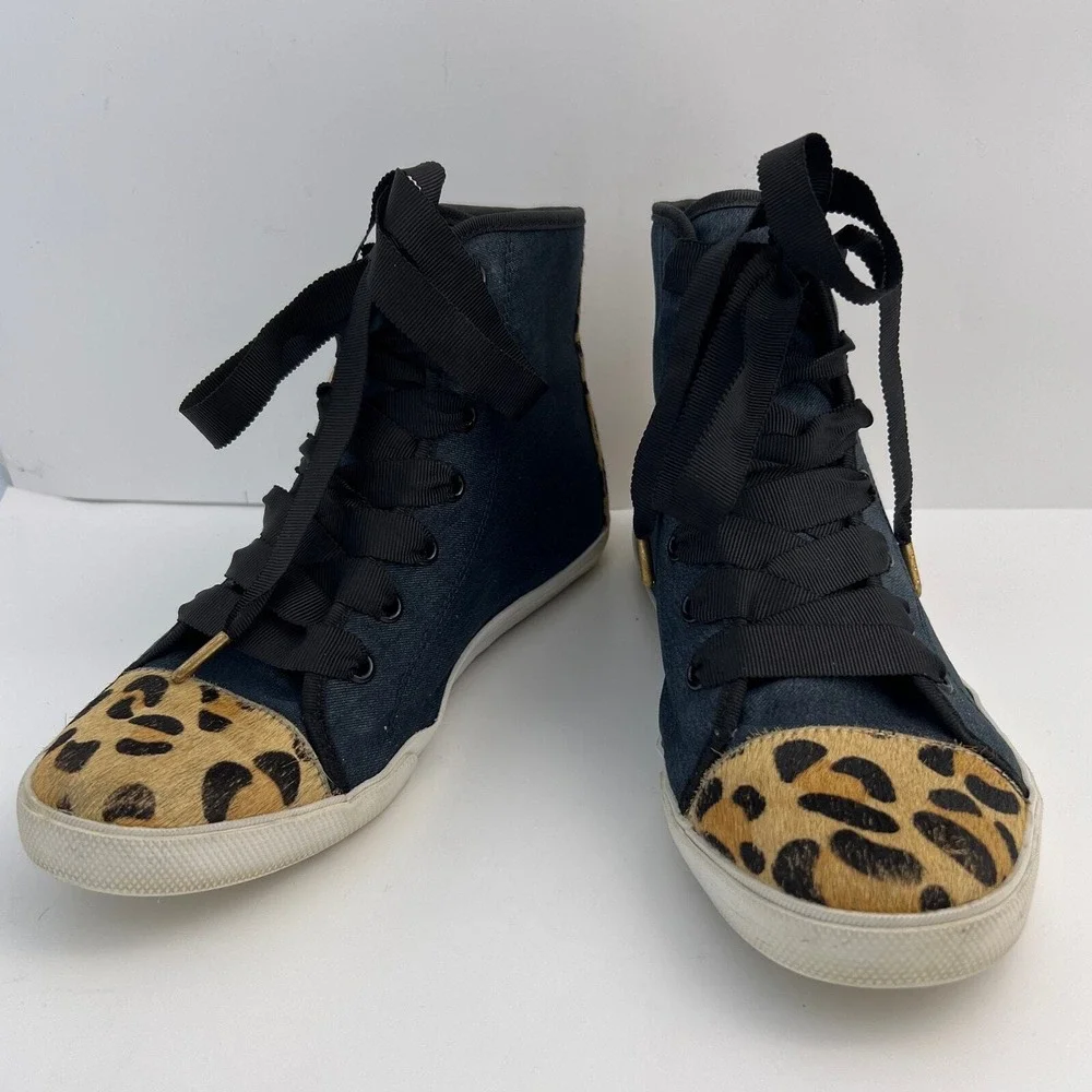 Kate Spade High Top Sneakers Navy Denim Leopard Calf Hair Womens Size 8M